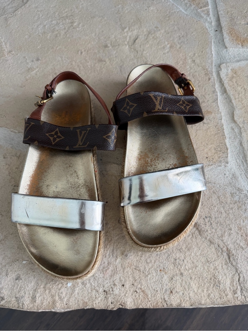 Louis Vuitton Gold Footbed Sandals with Brown Monogram and Silver Straps